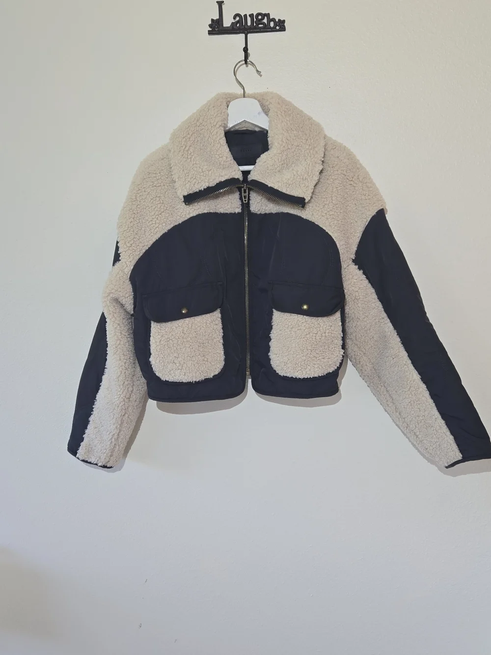 Blank NYC Cream and Navy Sherpa Crop Jacket